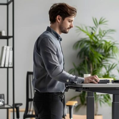 Mężczyzna pracuje przy komputerze stojąc przy biurku z regulowanymi stelażami do biurek.